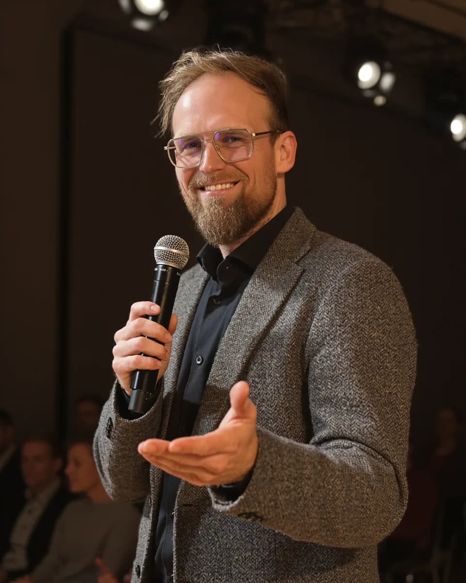 André Heiner, KI-Trainer aus Wiesbaden, auf der Bühne mit Mikrofon