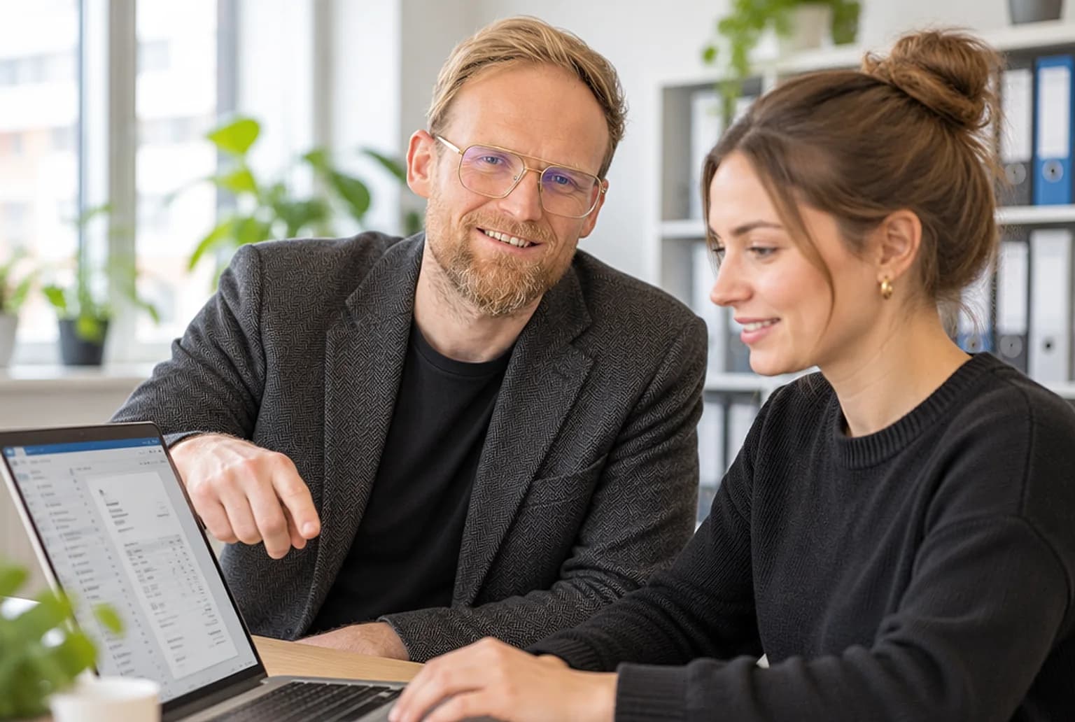 André Heiner begleitet eine Mitarbeiterin am Arbeitsplatz bei ihren ersten Aufgaben mit einem KI-Assistenten