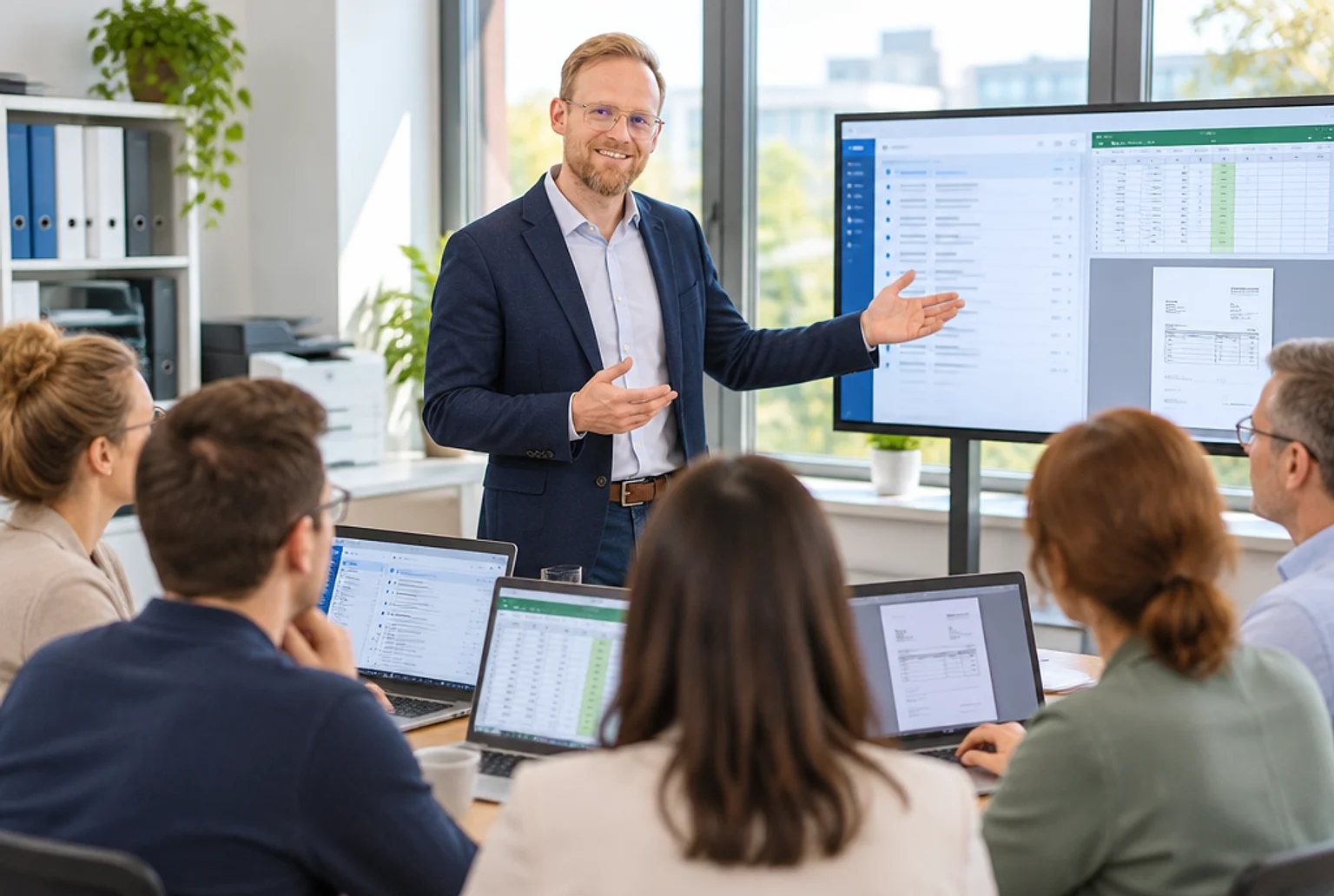 André Heiner leitet eine KI-Schulung für Büro und Verwaltung, das Team arbeitet an Posteingang, Tabelle und Rechnung