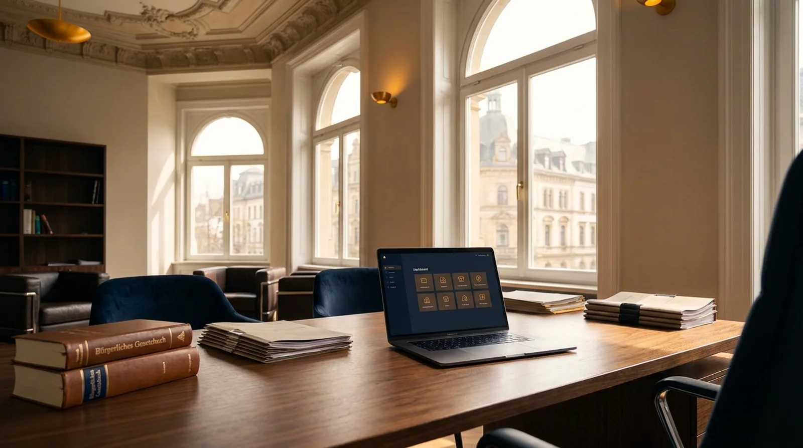 KI für Anwaltskanzleien in Wiesbaden — Kanzleibüro im Gründerzeit-Altbau mit KI-Dashboard auf dem Laptop