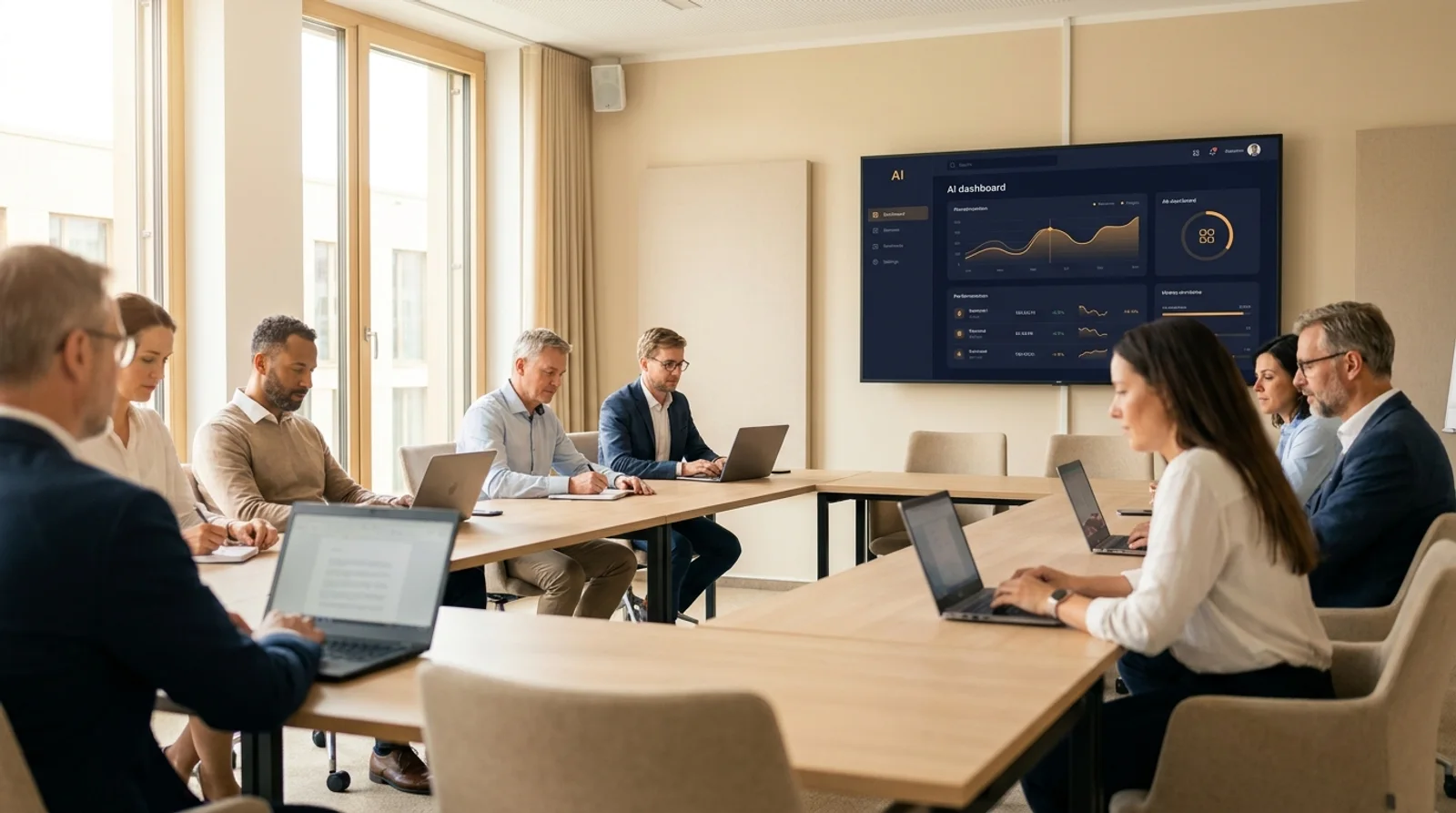 KI-Kompetenz-Workshop nach EU AI Act Art. 4 — Team im Seminarraum mit KI-Dashboard, Schulung durch André Heiner