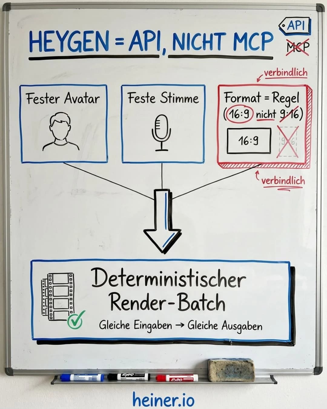 Whiteboard: HeyGen = API, nicht MCP — fester Avatar, feste Stimme, Format als Regel (16:9 nicht 9:16), Ergebnis ein deterministischer Render-Batch