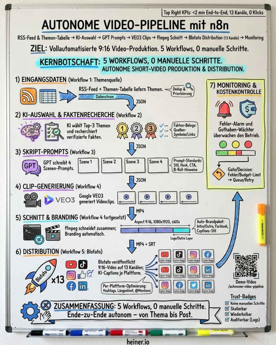 Whiteboard-Skizze der n8n-Video-Automatisierung: von RSS-Feed und Themen-Tabelle über KI-Recherche und VEO3-Video-Generierung bis zur automatischen Verteilung auf 13 Social-Media-Kanäle