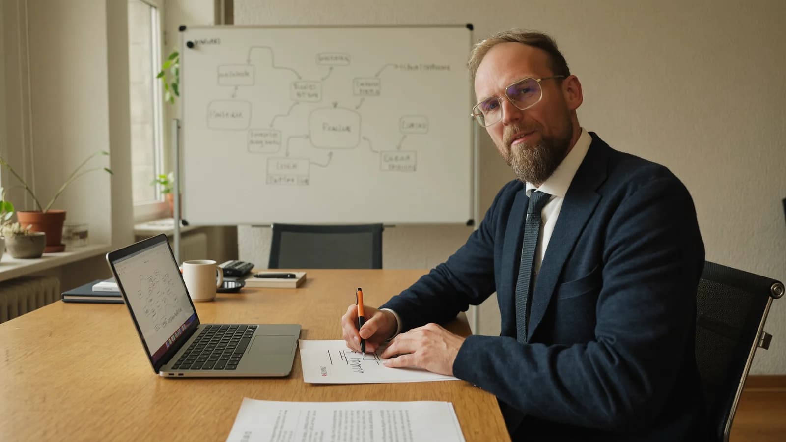 André Heiner beim KI-System-Audit: Analyse von Prozess-Diagrammen am Schreibtisch, Laptop und Whiteboard mit Prozess-Flows — KI-Beratung im Rhein-Main-Gebiet