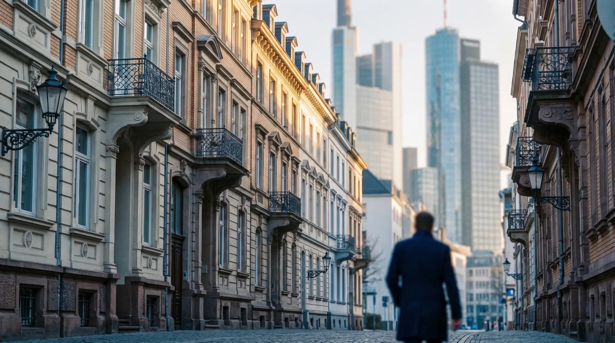 KI-Beratung Frankfurt: Gründerzeitstraße im Westend, dahinter die Hochhäuser des Bankenviertels im Morgendunst