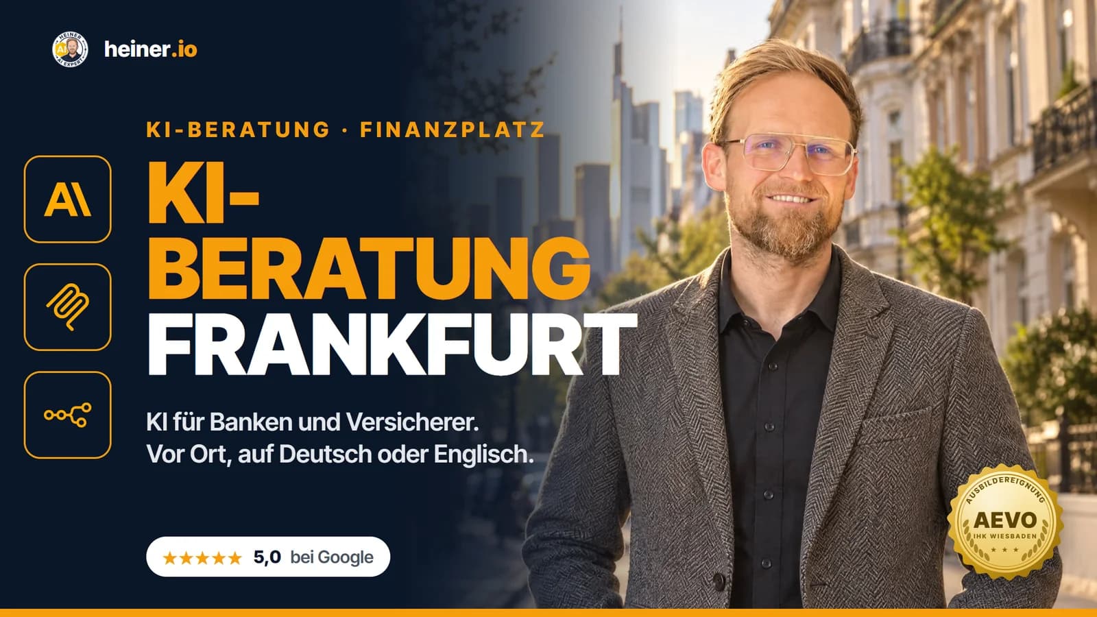 KI-Beratung Frankfurt: André Heiner (heiner.io) im Westend, dahinter die Hochhäuser des Bankenviertels