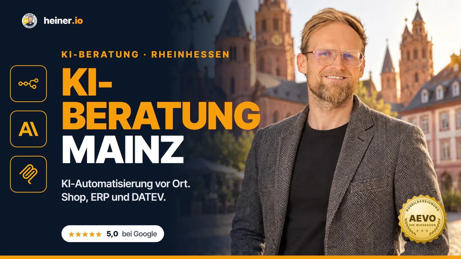 KI-Beratung Mainz: André Heiner (heiner.io) auf dem Marktplatz vor dem Mainzer Dom, KI-Automatisierung vor Ort in Rheinhessen