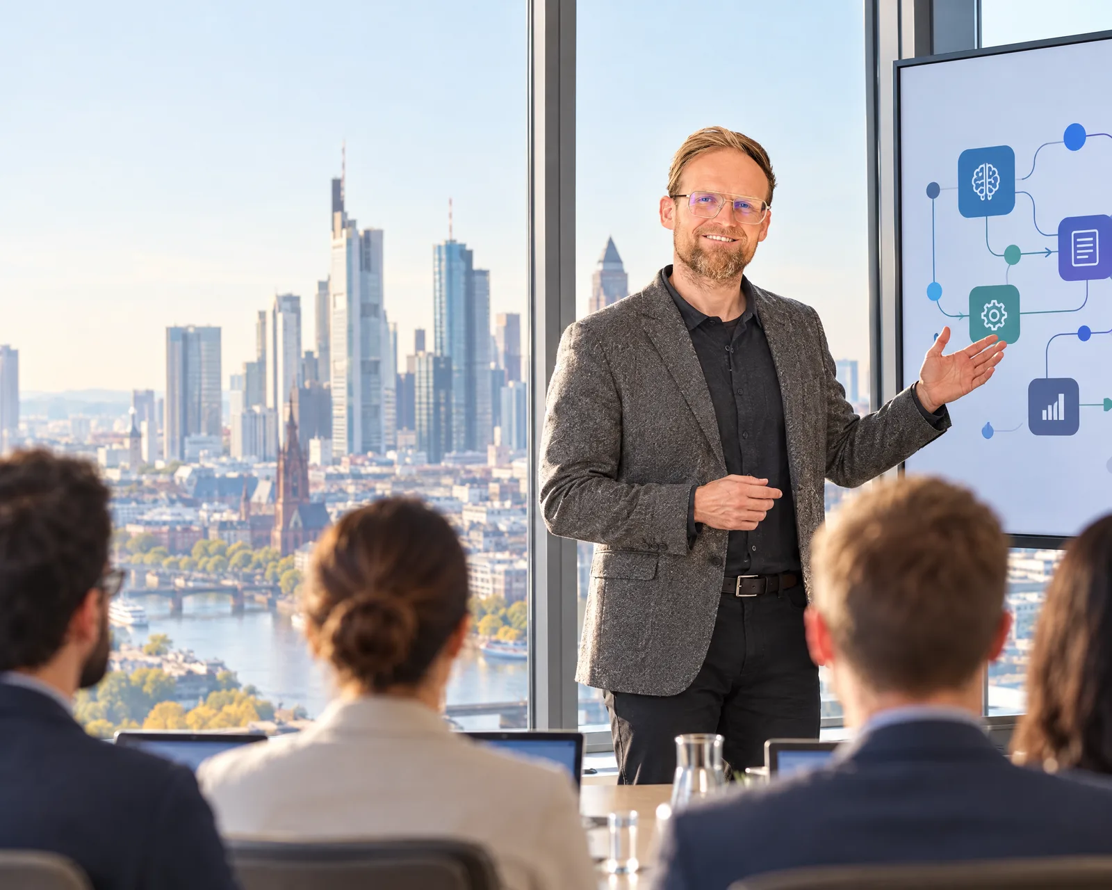 André Heiner leitet ein KI-Inhouse-Training in Frankfurt am Main, im Fenster die Skyline mit Dom und Main