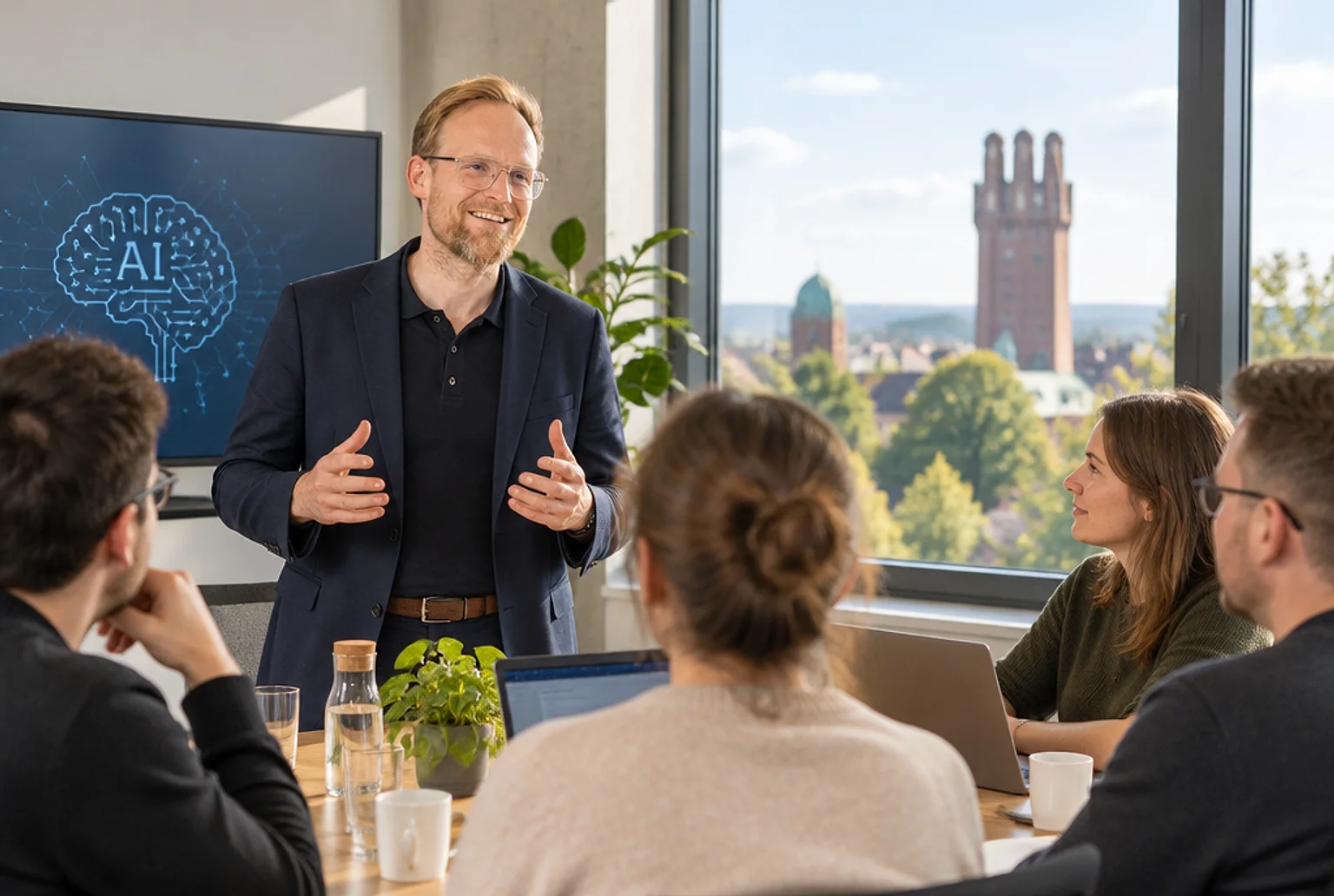 André Heiner leitet einen KI-Workshop für einen Führungskreis in einem Besprechungsraum mit Blick über die Stadt