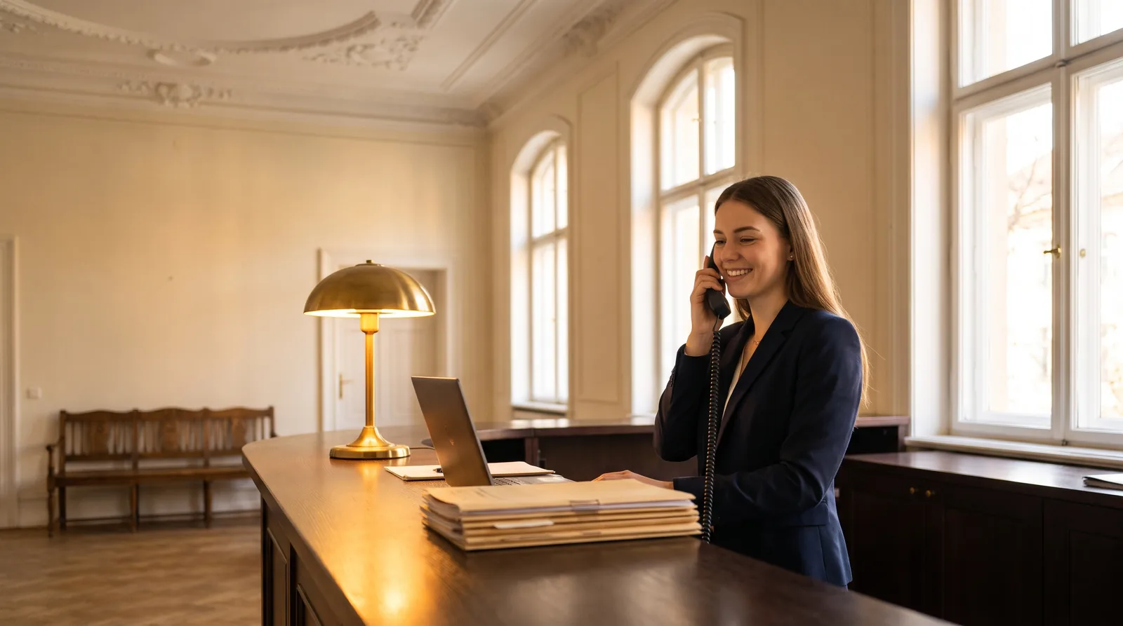 KI-Telefonassistent für Kanzleien: Empfang einer Kanzlei im Gründerzeit-Altbau, eine Mitarbeiterin nimmt einen Anruf an