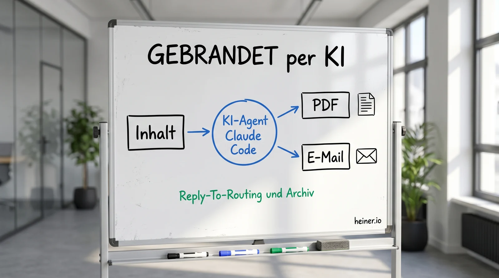 Whiteboard: Inhalt, KI-Agent Claude Code, daraus PDF und gebrandete E-Mail mit Reply-To-Routing und Archiv