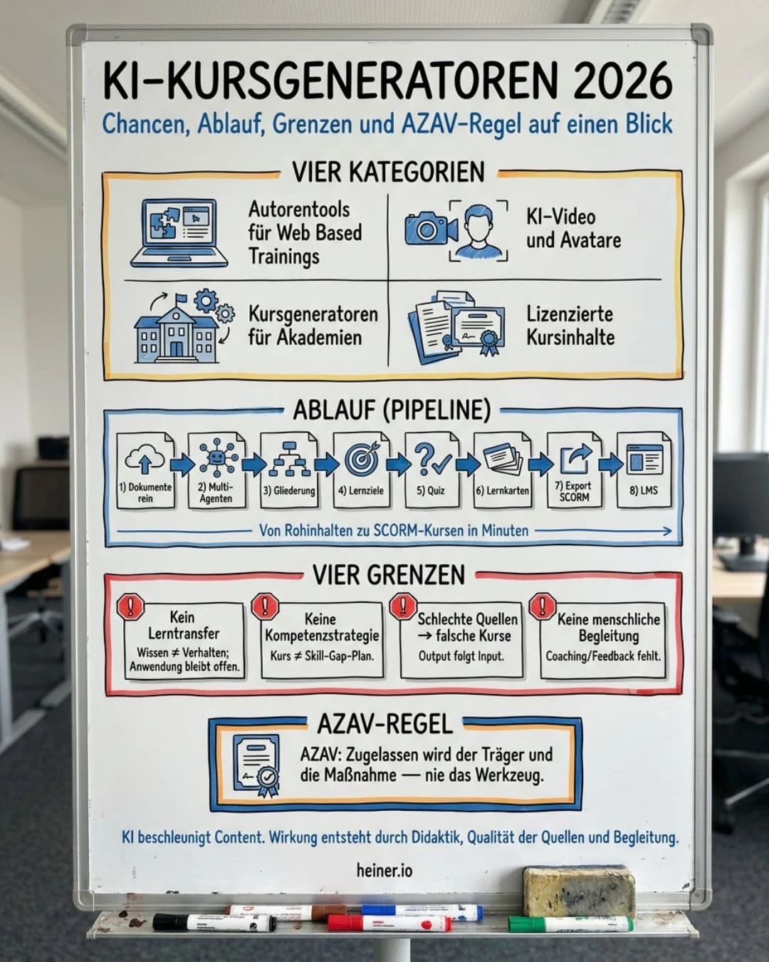 Whiteboard KI-Kursgeneratoren 2026: vier Marktkategorien, die Pipeline von Dokumenten über Multi-Agenten bis zum SCORM-Export, vier Grenzen der Werkzeuge und die AZAV-Regel