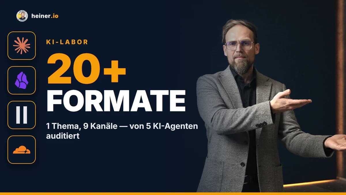 Publishing-System mit KI-Audit — André Heiner zeigt das Board: 1 Thema wird zu über 20 Formaten auf 9 Kanälen, von 5 KI-Agenten mit 178 Tool-Aufrufen verifiziert