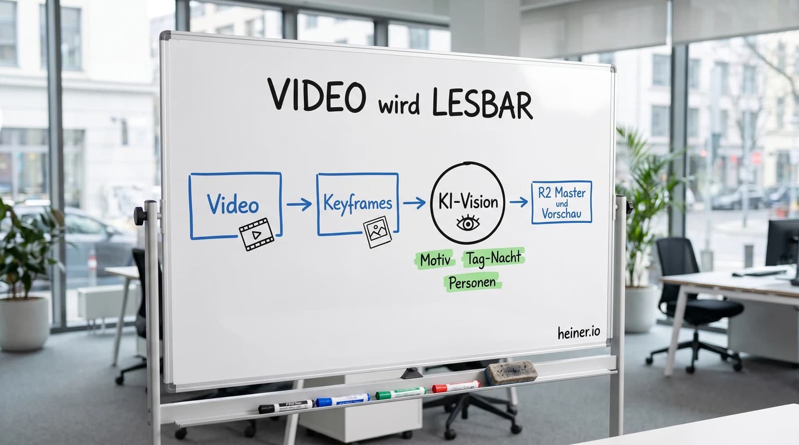 Whiteboard: Video, Keyframes, KI-Vision erkennt Motiv/Tag-Nacht/Personen, Ablage auf R2 als Master und Vorschau