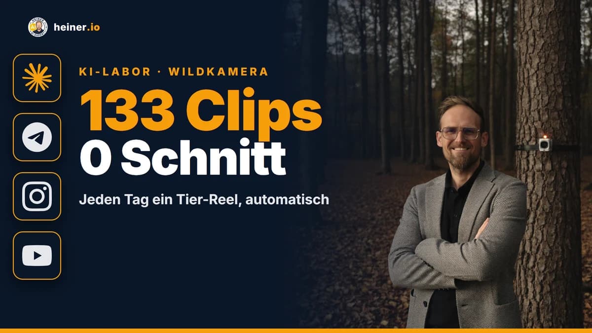 André Heiner im Herbstwald vor einer Wildkamera: KI-Agent macht aus Wildkamera-Clips automatisch tägliche Tier-Reels für Instagram, YouTube, TikTok und Threads
