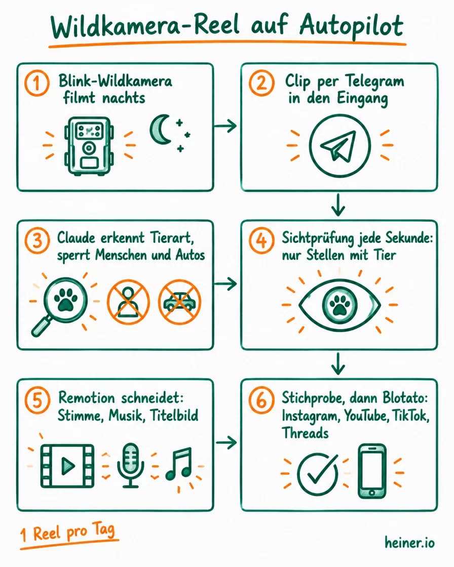 Whiteboard der Wildkamera-Reel-Pipeline in 6 Schritten: Blink-Wildkamera, Telegram-Eingang, Claude erkennt die Tierart und sperrt Menschen und Autos, Sichtprüfung je Sekunde, Remotion schneidet, Stichprobe und Blotato postet