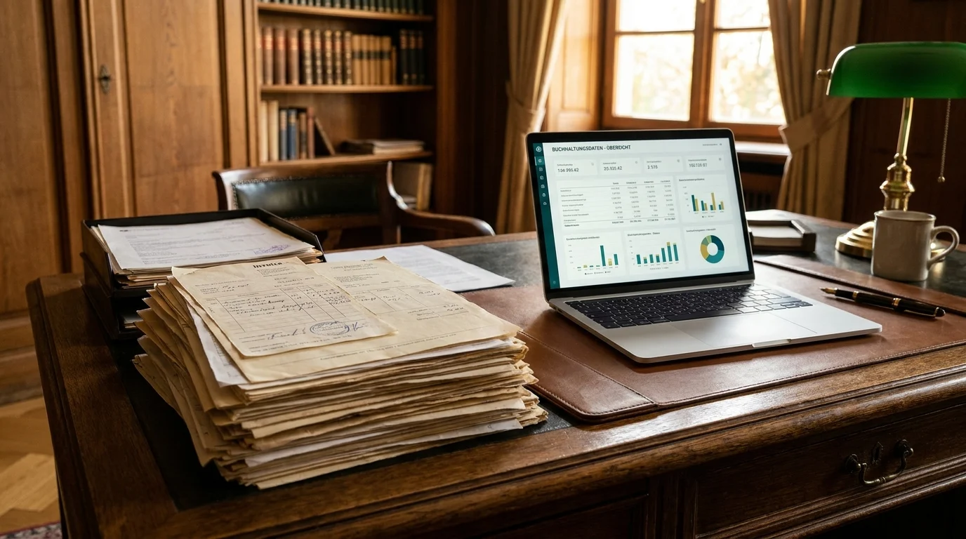 Vom Papierstapel zum DATEV-Datensatz: Belege auf dem Kanzlei-Schreibtisch, per KI digital aufbereitet am Laptop
