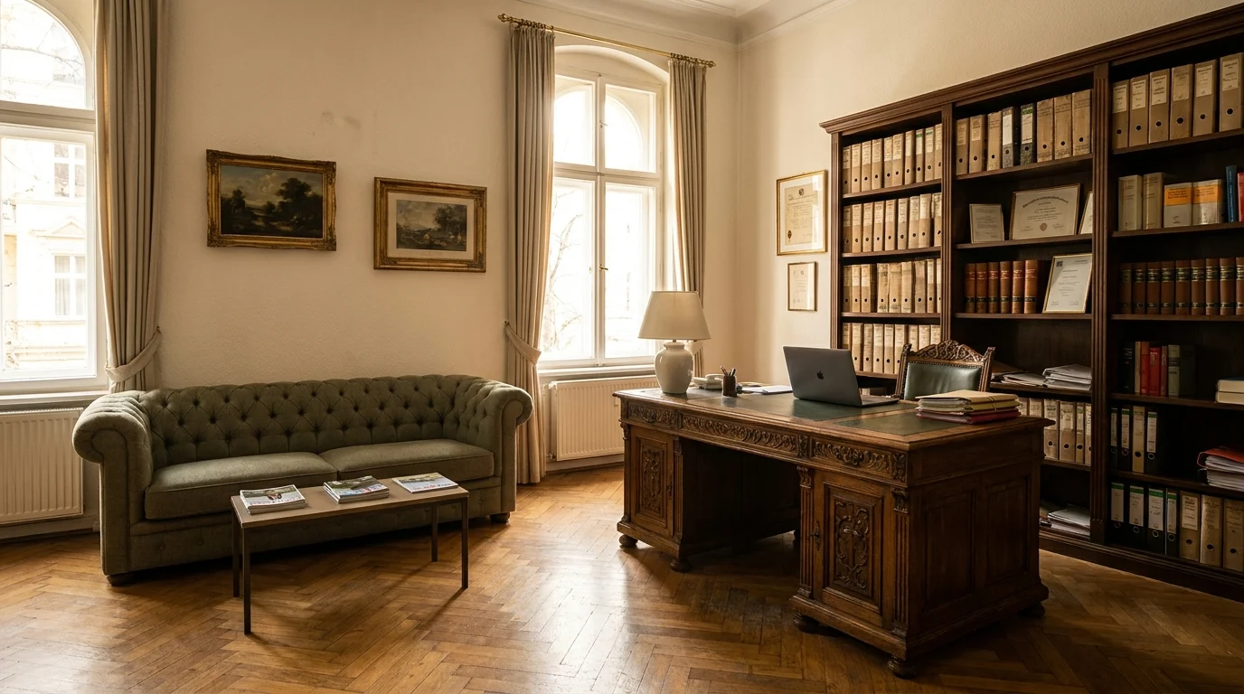 Traditionelles Kanzlei-Büro mit Aktenregal und moderner Technik — KI fügt sich in die gewachsene Arbeit ein