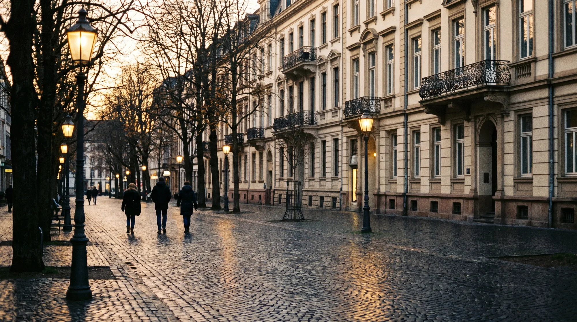 KI-Coaching in Wiesbaden: Gründerzeitstraße mit Stuckfassaden und Gaslaternen am Abend, typisch für das Wiesbadener Zentrum