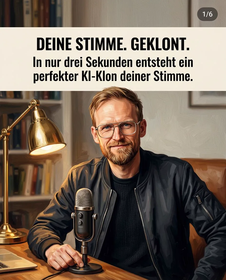Beispiel-Slide 1 von 6 aus der Karussell-Fabrik — gemaltes KI-Karussell im heiner.io-Stil
