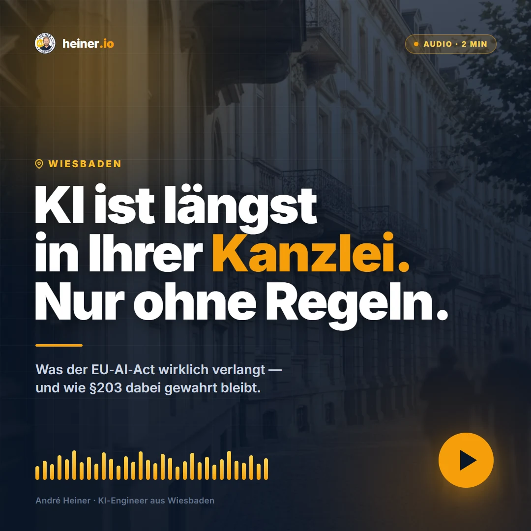 Podcast-Cover: KI ist längst in Ihrer Kanzlei — Gründerzeit-Fassade in Wiesbaden mit Kanzlei-Messingschild