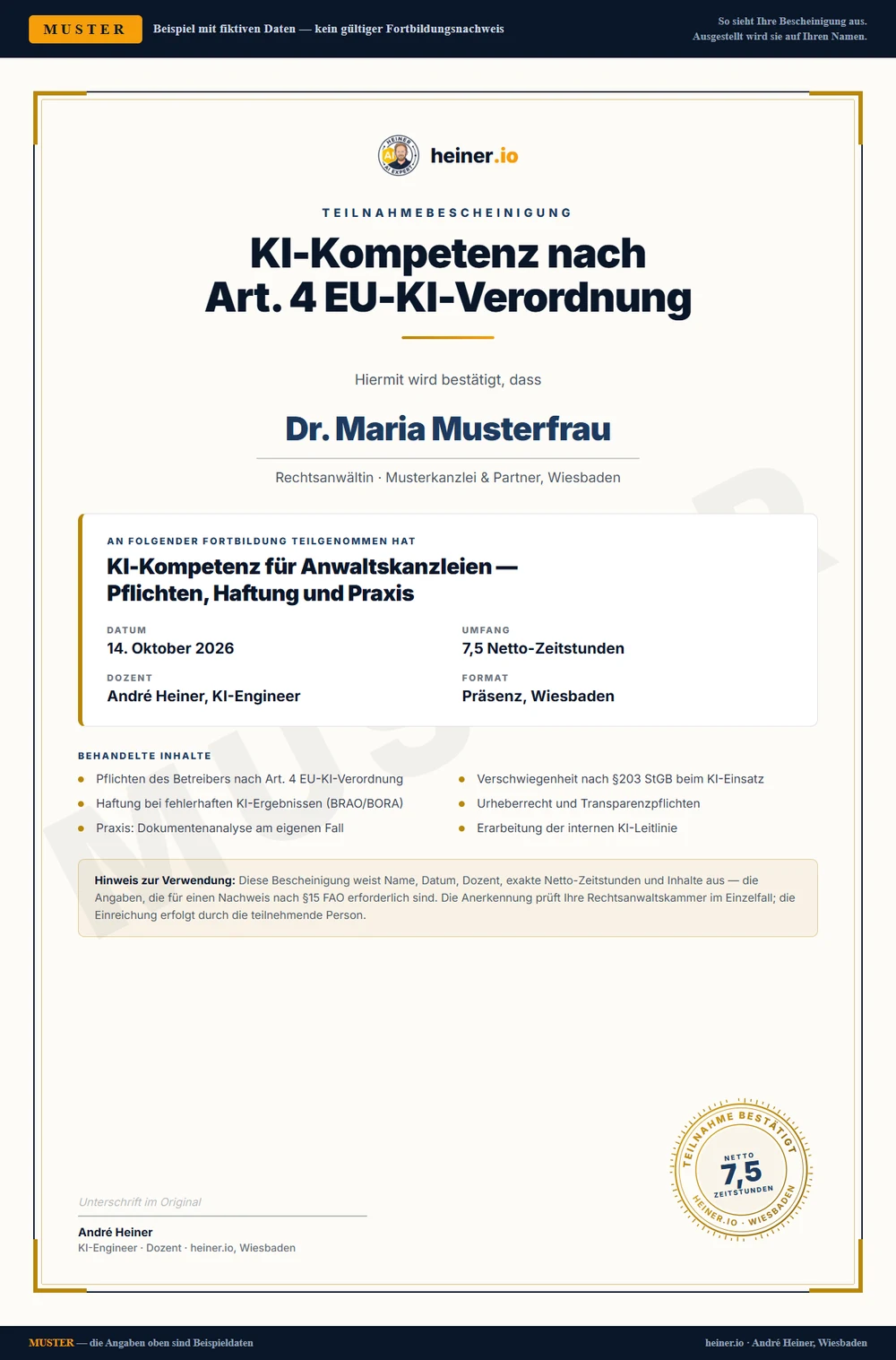 Musterzertifikat: Teilnahmebescheinigung KI-Kompetenz nach Art. 4 EU-KI-Verordnung mit Name, Datum, Dozent, Netto-Zeitstunden und Inhaltsangabe